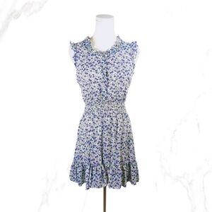 XXI White Blue Floral Ruffle Mini Dress Smocked Waist Button Front Size M